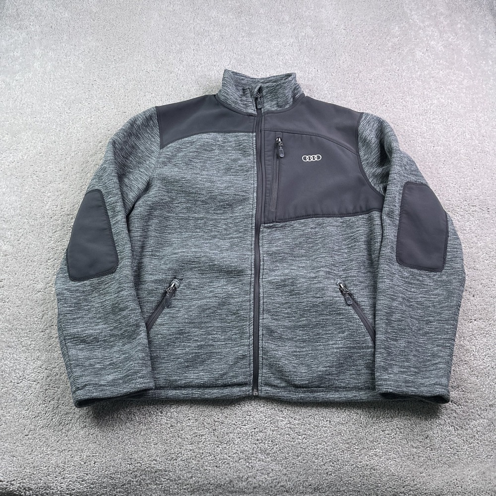 Audi Jacket Mens XL Gray Full Zip Fleece Elbow Patches Car Enthusiast Dealership